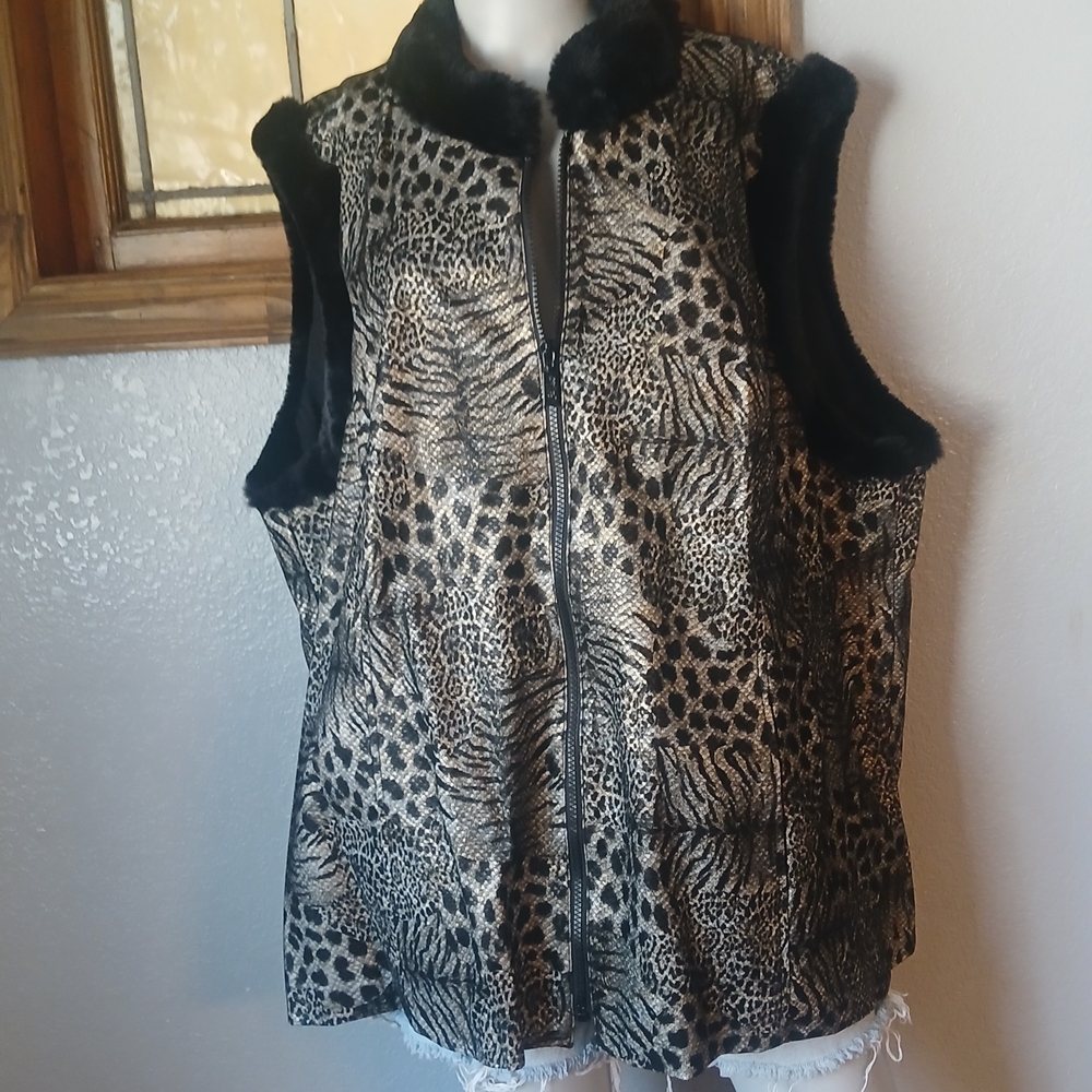 Bob Mackie Animal Print Zipper Vest, 3X Plus, Faux Leather Fur, Boho, Patchwork